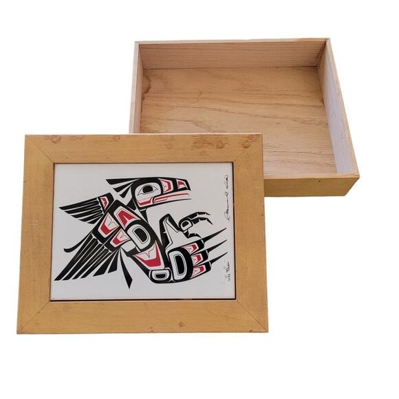 Clarence Wells "The Raven" Art Tile Box 1980s Cedar Wood Box Keepsake Box W/ Lid - Picture 1 of 9